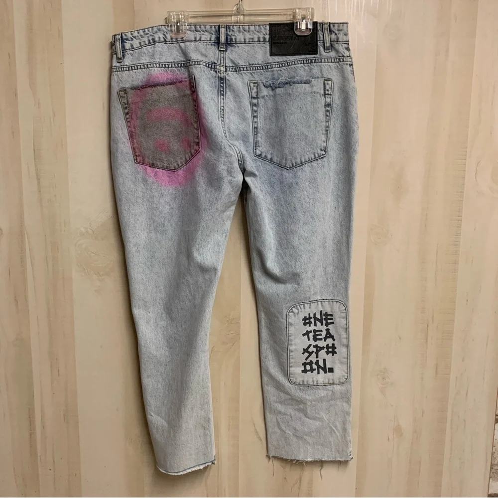 One Teaspoon Blue Graffiti Straight Leg Jeans Size 18 - Picture 10 of 16